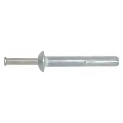 This metal removable nail drive anchor is designed for fastening into masonry and concrete. It features a mushroom head and is made of plain Zamac alloy. The anchor has a 1/4 in diameter and 1 in overall length, supplied in a 100-pack.