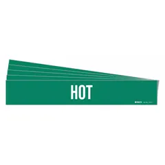 Green background pipe marker with white 'Hot' legend, designed for pipes with outer diameter 2-1/2 to 7-7/8 inches. Supplied as a 5-pack without arrows. Used to identify pipes carrying hot substances in industrial facilities, refineries, and processing plants.