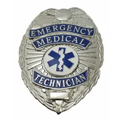 This metallic badge is designed for identification purposes, commonly used by emergency medical personnel. It measures 2 1/8 inches by 3 inches, features a silver metal construction, and includes a pin and safety catch for secure attachment to uniforms.