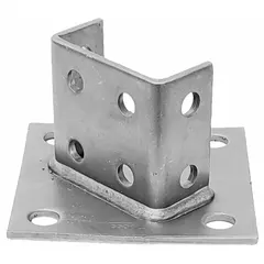 This 316 stainless steel post base is designed for double strut channels measuring 1-5/8 in x 3-1/4 in. It features eight 9/16 in diameter mounting holes. Used to secure vertical posts in strut channel systems for supporting piping, cable trays, and mechanical equipment.