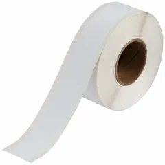 White matte polyester continuous label roll for indoor use. Inkjet print-receptive material compatible with Brady J2000 printer series. Suitable for asset tracking, equipment identification, and general facility labeling.