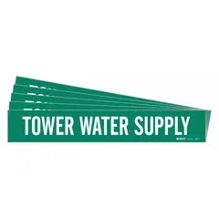 Green adhesive pipe marker with white legend reading 'Tower Water Supply' for identifying tower water supply lines in industrial piping systems. Fits pipe outer diameters from 2-1/2 to 7-7/8 inches. Pack of 5. No directional arrows.
