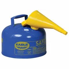 EAGLE Type I safety can for kerosene storage and dispensing. Blue finish, 2 1/2 gallon capacity, includes funnel. Suitable for fueling, cleaning, and maintenance tasks requiring controlled pouring of flammable liquids.