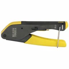 This spring-loaded compression tool is designed for installing F connectors on RG59, RG6, and RG6Q coaxial cables. The dieless mechanism eliminates the need for interchangeable dies, while the 5 5/8 in overall length provides a compact form factor. Typical applications include TV, satellite, and broadband cable installations.