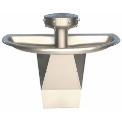 This hand-operated push button wash fountain from the Sentry series features a semi-circular stainless steel bowl with four stations, allowing multiple users to wash simultaneously. It has an off-line vent drain supplied from above and is ADA compliant. Typical applications include high-traffic commercial restrooms, schools, and industrial facilities.