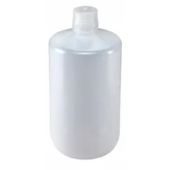 This 2 L (67.6 fl oz) LDPE narrow mouth round lab bottle features a natural body color and an attached 38-430 mm screw closure. It is suited for collecting, storing, and transporting liquid samples in laboratory and field applications. The bottle is not pre-cleaned.