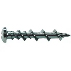 One-piece self-threading anchor made from 1018-grade steel with a plain finish. Features a pan-head Phillips drive and is designed for fastening into concrete. Supplied in a 100-pack.