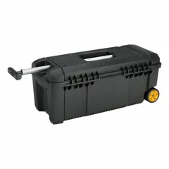 This plastic rolling tool box in black features a hinged lid with a padlock for secure storage. It measures 28 1/2 inches wide, 12 5/8 inches deep, and 12 inches high. The rolling base allows easy transport of tools across workshops or job sites.