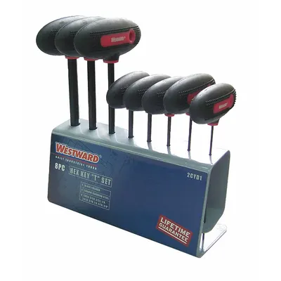 WESTWARD Hex Key Set: 6 - 10 Pieces, T, SAE, Std End, Long, 8 Pieces, Organizer - T-Shaped Hex Key Sets
