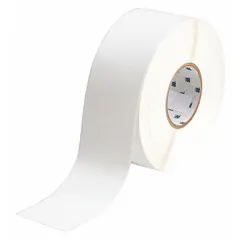 White matte polyester continuous label roll, 2 1/4 in x 100 ft, for indoor use. Inkjet print-receptive material compatible with BradyJet J5000 printer series. Used for industrial identification and asset tracking applications such as equipment labeling and cable marking.
