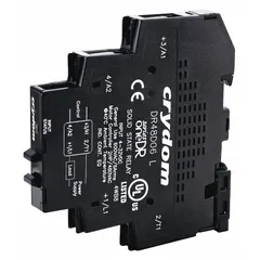 This DIN-rail mounted solid state relay from CRYDOM features an integral heat sink and SCR output, rated for AC loads from 48 to 600V. It is suitable for industrial automation, HVAC, and process control applications requiring silent, maintenance-free switching.