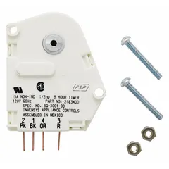 This defrost timer assembly controls the automatic defrost cycle in refrigerators and freezers. It periodically interrupts cooling to melt frost from evaporator coils, preventing ice buildup that can block airflow. Designed as a direct replacement for compatible Whirlpool models.