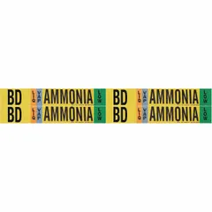 Ammonia adhesive pipe markers for identifying BD (Blowdown) lines in industrial ammonia systems. Suitable for VAP phase, Low pressure level, and pipe outer diameters from 3/4 to 2-3/8 inches. Pack of 4 markers without arrows.