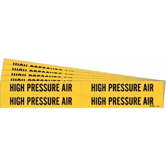 Yellow adhesive pipe marker with black legend reading 'High Pressure Air'. Designed for pipe outer diameters from 3/4 to 2-3/8 inches. Pack includes 4 markers without directional arrows, sold in a 5-pack quantity. Used to identify high-pressure air lines in industrial piping systems.