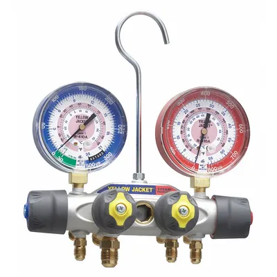 YELLOW JACKET Manifold Gauge: 4 Valves, 0 Hoses, Series Titan, 3 1/8 in Gauge - Analog Manifolds