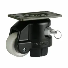 This medium-duty leveling plate caster features a 50 mm polyurethane wheel and 82 mm mounting height. The black frame supports leveling and positioning of equipment such as workstations, carts, and light machinery. Polyurethane tread provides floor protection and quiet operation.