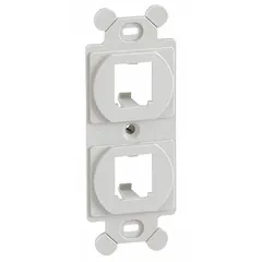 This PANDUIT module frame accommodates two ports for duplex or mini-com modules in structured cabling systems. The bright white finish suits wall-mountable faceplate applications for organizing modular jacks or connectors.