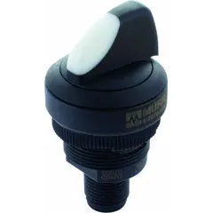 This MURRELEKTRONIK selector switch from the S-Switch series features a short-handled plastic knob operator head and is non-illuminated. It offers two positions (Off and Momentary) with maintained/momentary action, and has a 2NO contact configuration. The switch is rated for 0.1 A at 35 V AC/DC and is suitable for panel-mounted control applications in industrial environments.