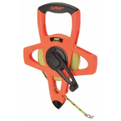 Manual open-reel long tape measure with a 300 ft steel blade, single-sided SAE/Engineers scale graduated in 1/100 ft. Features a nonmagnetic single hook end and a plastic grip housing. Suitable for outdoor measuring tasks such as surveying, construction layout, and engineering projects requiring precise distance measurement.