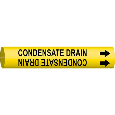 BRADY Pipe Marker: Condensate Drain, Yellow, Black, Fits 3/4 to 1 3/8 in Pipe O.D. - Condensate Drain Snap-On Pipe Markers