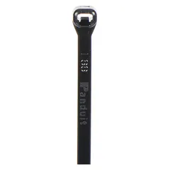 Black nylon cable tie with 4.5 in nominal length, 0.12 in width, and 1 in nominal maximum bundle diameter. Suitable for outdoor use. Used for bundling and securing wires and cables in electrical installations.