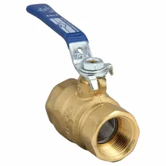 This brass ball valve features a straight body with full port design for minimal pressure drop. It has FNPT x FNPT connections and a memory stop locking lever handle for manual two-way on/off flow control. Suitable for water, oil, and gas applications in commercial and light industrial piping systems.