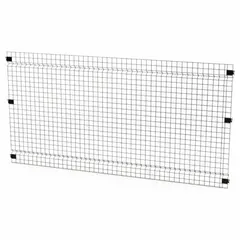 This steel panel is a woven-wire partition component for the Quick-Assemble system. It measures 4 ft high by 8 ft wide by 1-1/2 in deep and has a black powder-coated finish. Used in industrial storage to create secure, ventilated enclosures for inventory or equipment.