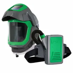 Powered air-purifying respirator system with belt-mounted blower and lithium-ion battery. Includes Z-Link+ respirator, 16-810 safety lens, 16-711 face seal Zytec FR, 16-670 weld visor, 04-831 breathing tube, and 03-801-FR PX5 PAPR. Used in welding, grinding, and industrial environments for respiratory protection against airborne particulates.
