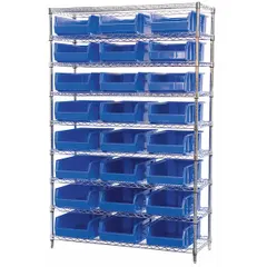 Wire stationary bin shelving unit with 9 shelves holding 24 open-front giant hopper bins in blue. The silver frame measures 48 in x 18 in x 74 in. Each bin is 6 in x 12-3/8 in x 20 in. Used for organizing and storing small to medium parts in industrial warehouses, manufacturing facilities, and maintenance shops.