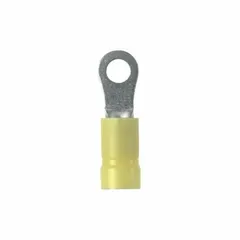 Vinyl-insulated ring terminal for #6 stud size, rated 600 V. Features funnel entry for wire insertion. Used for terminating wires in control panels, machinery, and power distribution.