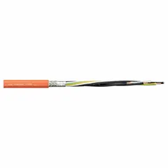 This CHAINFLEX CF886 series motor cable is designed for continuous flexing applications in cable carriers and automated machinery. It features 4 conductors of 10 AWG copper with a ground conductor, PVC jacket, and a 1000 V rating. The cable meets VW-1 flame retardant standards and has minimum bend radius factors of 8 x OD for fixed, 12 x OD for flexible, and 15 x OD for e-chain installations.
