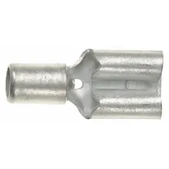 Non-insulated female quick disconnect for 12 AWG to 10 AWG wire. Bare brass construction mates with 0.25 in x 0.032 in tab. Used for fast, removable terminations in control panels, automotive wiring, and electrical equipment.