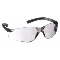 Frameless safety glasses with scratch-resistant gray lenses and a gray frame. Padded comfort-fit design for extended wear. Suitable for impact protection in industrial environments such as machining, material handling, and maintenance.