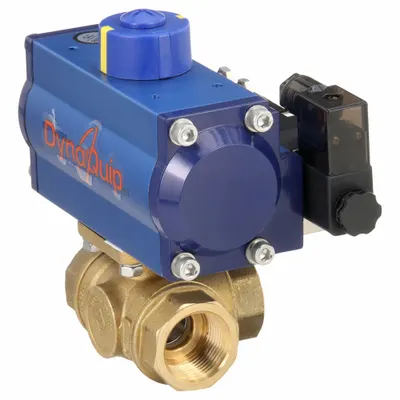 DYNAQUIP CONTROLS Pneumatically Actuated Three-Way Ball Valve: 1 in, Brass - L-Port Brass Pneumatically-Actuated Ball Valves