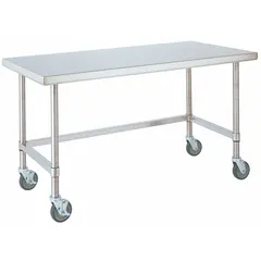 This fixed-height lab table features a stainless steel countertop and locking swivel casters for mobility and stability. With overall dimensions of 8 ft length, 30 in width, and 34 in height, it supports up to 1000 lb. Suitable for laboratory, industrial, and educational settings requiring a durable, easy-to-clean work surface.