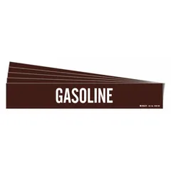 Adhesive pipe marker with brown background and white legend reading 'Gasoline'. Designed for pipes with outer diameter of 8 inches and larger. Each pack contains 5 markers without directional arrows. Used to identify gasoline piping in industrial facilities.