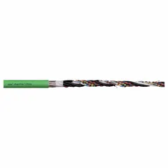 Servo motor feedback cable with a conductor grouping of one twisted pair 24 AWG and five 20 AWG conductors. Green PVC jacket rated at 50 V. Suitable for transmitting position and speed signals in continuous-flexing cable carrier applications. Minimum bend radius factor of 5 x OD for fixed and 8 x OD for flexible installations. Sold by the foot; no ground conductor included.