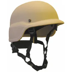 This Level IIIA ballistic helmet is constructed from aramid material in a tan finish. It features a suspension system for fit adjustment and is sized to fit XL hat sizes. Typical applications include use by law enforcement, military, and security personnel requiring protection against handgun rounds and fragmentation.