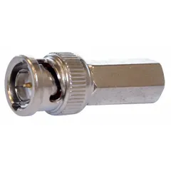 Male BNC connector for RG-58 coaxial cable. Silver and nickel-plated finish. Twist-on installation for quick termination without soldering. Pack of 10. Suitable for video surveillance, RF communication, and networking applications.