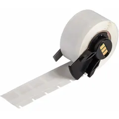 Precut wraparound label measuring 3/4 in x 1/2 in, made of self-extinguishing vinyl with a white matte finish. Designed for use with Brady M710 printer series and M61-R4310 ribbon. Suitable for identifying cables, wires, and small cylindrical surfaces in industrial environments.