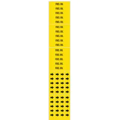 Yellow adhesive pipe markers with black 'Fuel Oil' legend, designed for pipes with outside diameter of 3/4 in and smaller. Each set includes 3 markers without arrows, used to identify fuel oil lines in industrial piping systems.