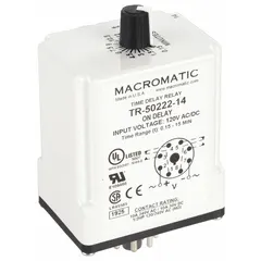 Socket-mounted time delay relay rated for 120V AC/DC with 10A contact rating and 8 pins/terminals. Designed for single-function timing applications such as delaying or sequencing electrical operations in industrial control panels, HVAC systems, conveyor controls, and packaging machinery.