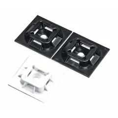 White adhesive mount cable tie base for securing miniature and intermediate cable ties to smooth surfaces. Measures 0.75 in length, 0.75 in width, and 0.18 in height with a 0.07 in slot height. Suitable for organizing cables in electrical panels, data centers, and industrial wiring installations. Pack of 100.