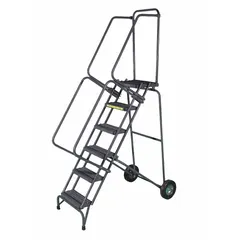 This steel folding ladder from BALLYMORE provides a 6.7 ft platform height for elevated access. It features double handrails for user support and a gray finish. The unit is supplied unassembled and does not include a locking mechanism. Typical applications include use in warehouses, stockrooms, and industrial facilities for retrieving or storing items at height.