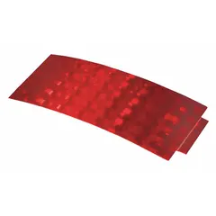 Rectangular red stick-on reflector made of acrylic. Measures 4 1/4 in overall length and 1 11/16 in overall width. Complies with FMVSS standards. Used on trucks, trailers, and heavy equipment to improve visibility in low-light conditions.