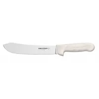 This butcher knife features a honed steel blade with a 13-inch overall length and a white sanitary polypropylene handle. It is NSF certified for use in commercial food preparation environments. Suitable for cutting and trimming meat in professional kitchens and processing facilities