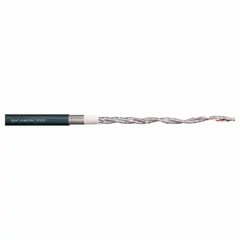 Shielded twisted-pair data cable with 24 AWG copper conductors, 5 conductors, PUR jacket, and 300 V rating. UL Listed with notch resistance. Minimum bend radii of 5 x OD, 8 x OD, and 10 x OD. Suitable for continuous flexing in cable carriers on automated machinery, robotics, and conveyor systems.