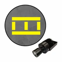 This 50 W LED projector casts a yellow stripe-with-lines pattern onto floors to define pedestrian pathways. It includes the projector with lens and is used in industrial settings to visually separate foot traffic from vehicle areas