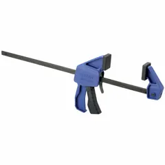 This one-handed trigger clamp provides 140 lb of clamping force with a 12 in maximum jaw opening and 2 1/2 in throat depth. It is suited for woodworking, carpentry, and light fabrication tasks such as gluing, assembly, and repair. The single-hand operation allows quick adjustments and secure holding of workpieces.