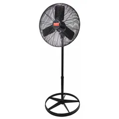 This Dayton pedestal fan is designed for industrial air circulation in factories, warehouses, and workshops. It features a 1/4 hp motor, 115V AC single-phase power, three speeds, and oscillating function for wide-area cooling.